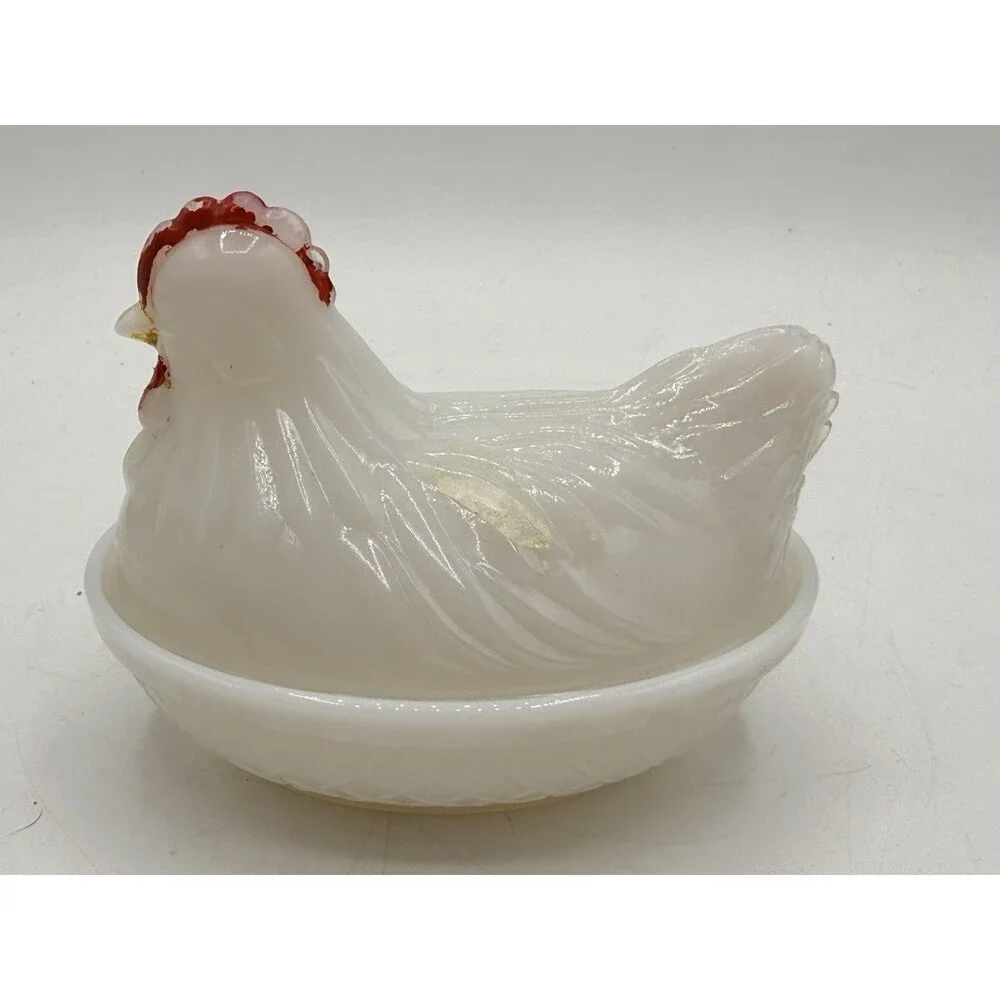 4” Hen On Nest Chicken Opaque White Milk Glass Covered Dish Unmarked No Stamp